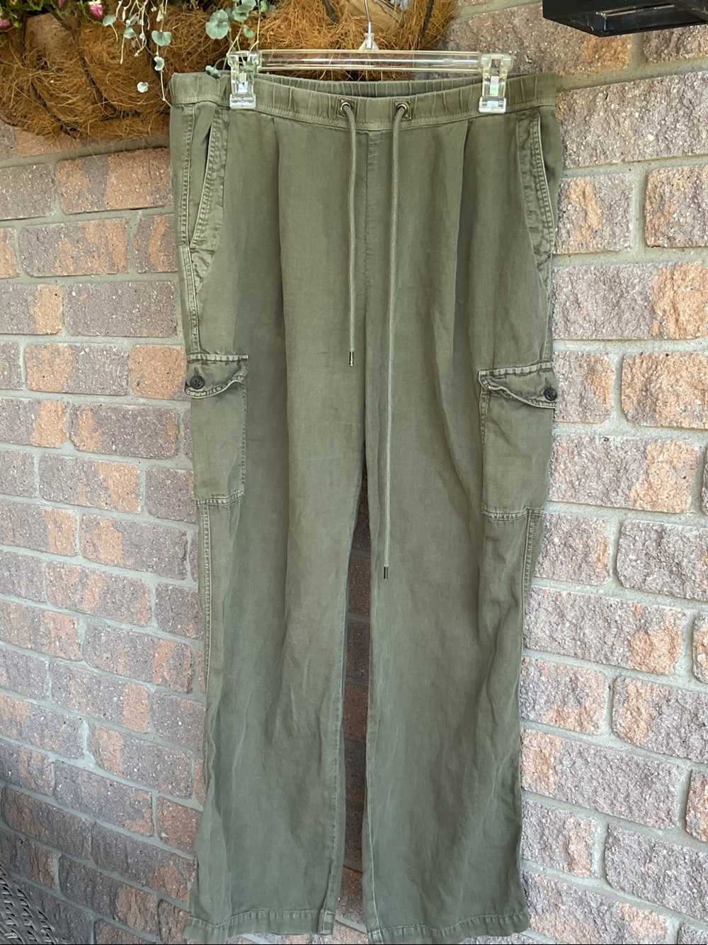 James Perse Linen Olive Wide-Leg Cargo Jumpsuit Pants
